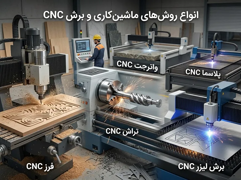 یک کارگاه صنعتی که انواع دستگاه های cnc در آن مستقر هستند.